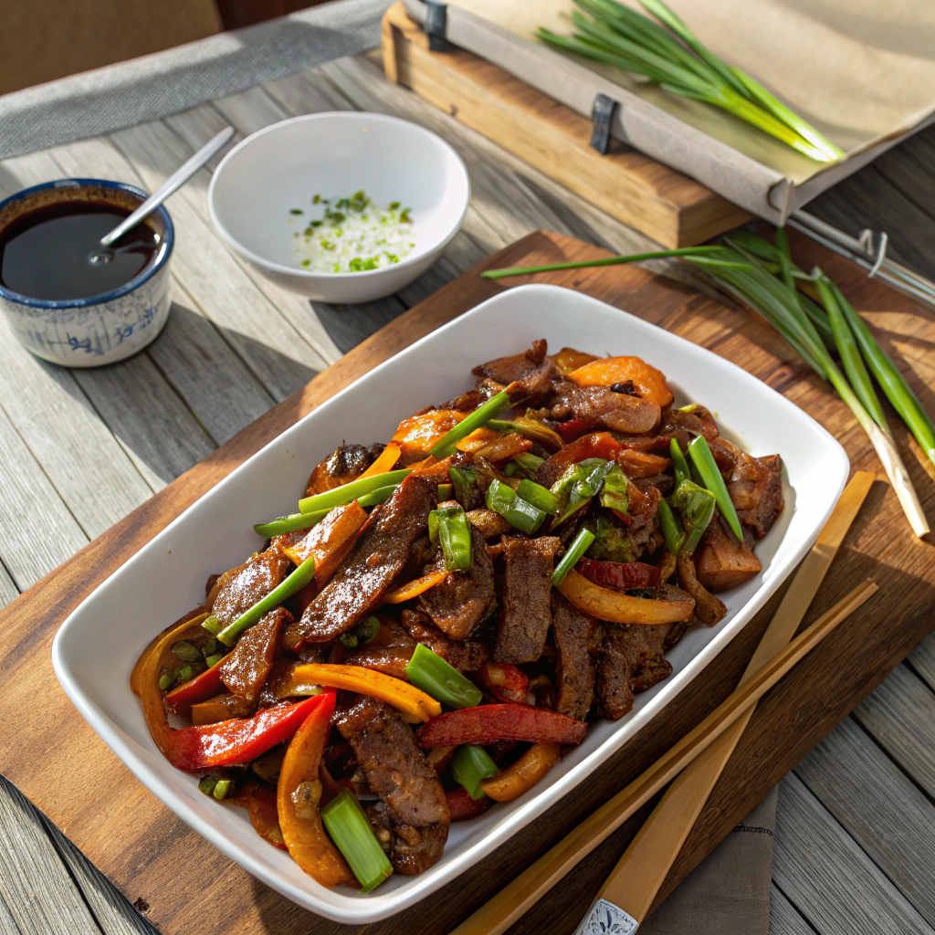 Overhead shot of a beef stir fry platter with caramelized beef strips, vibrant veggies, and glossy sauce, garnished with green onions on a rustic wooden table.