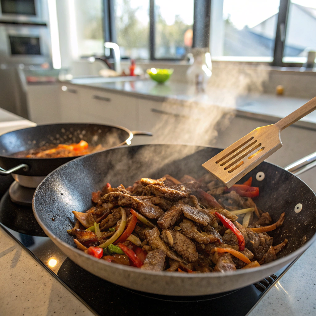 Beef stir fry: browning beef sizzling in hot wok, capturing caramelization, with wok spatula and natural light ambiance. (124 chars)