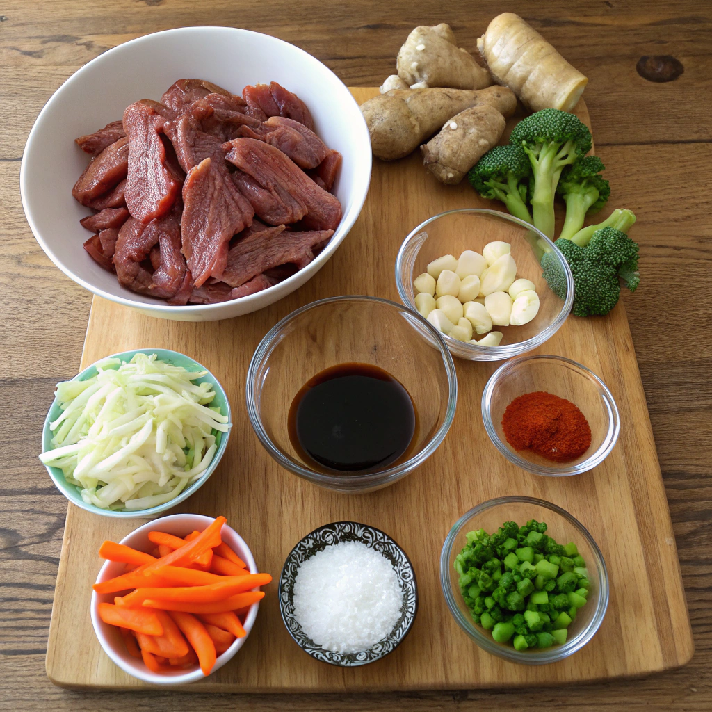 Beef stir fry ingredients photo: sliced steak, vegetables, sauces arranged neatly on wooden table in modern kitchen.