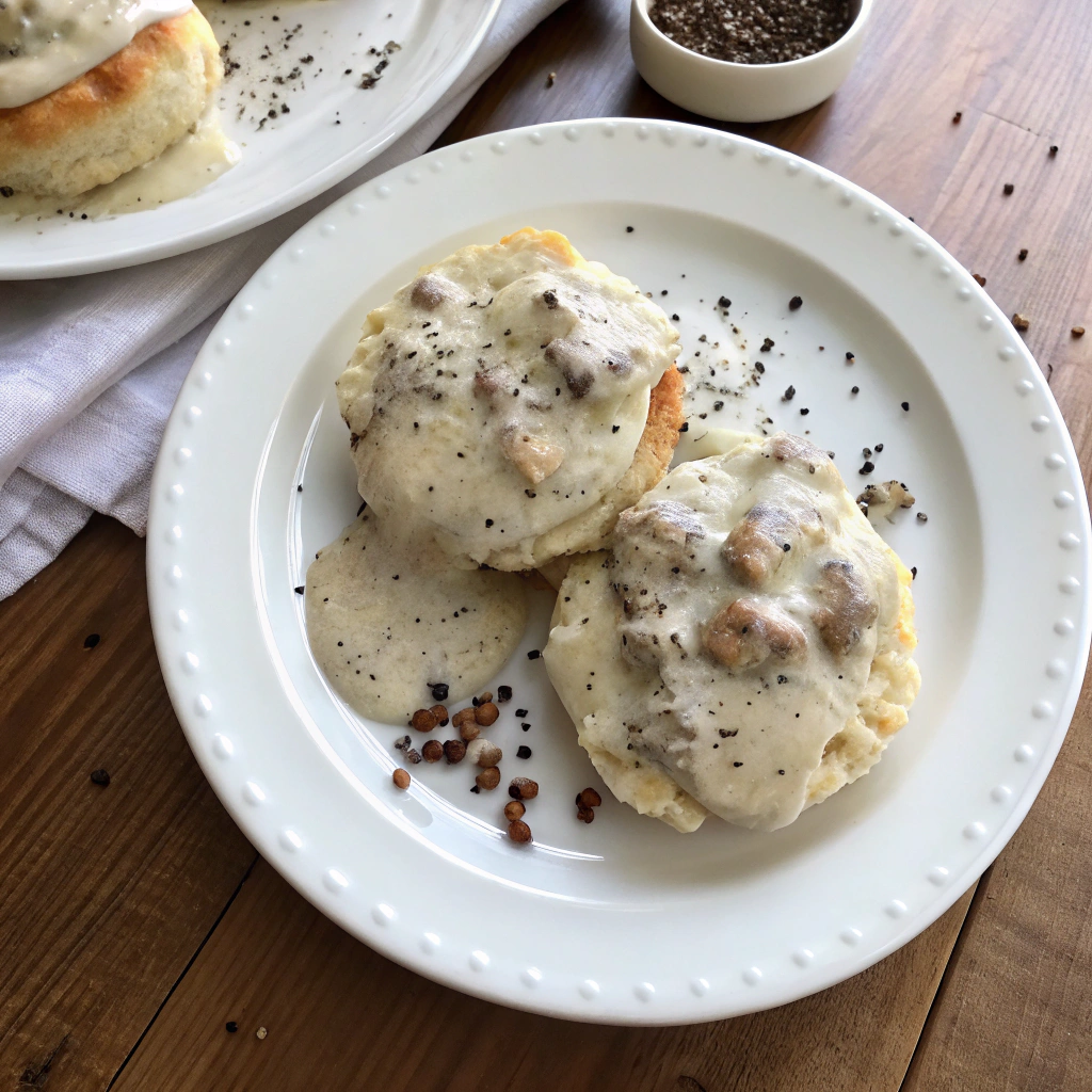 Overhead shot of biscuits & gravy recipe featuring creamy pepper gravy pooled around freshly split biscuits on rustic table.