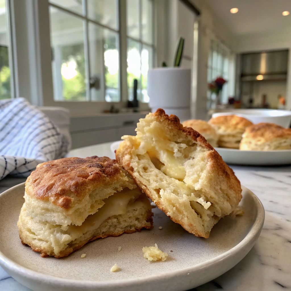 Flaky biscuits & gravy recipe revealing buttery layers, macro photo of golden crumb beckoning you to indulge in this comforting dish.