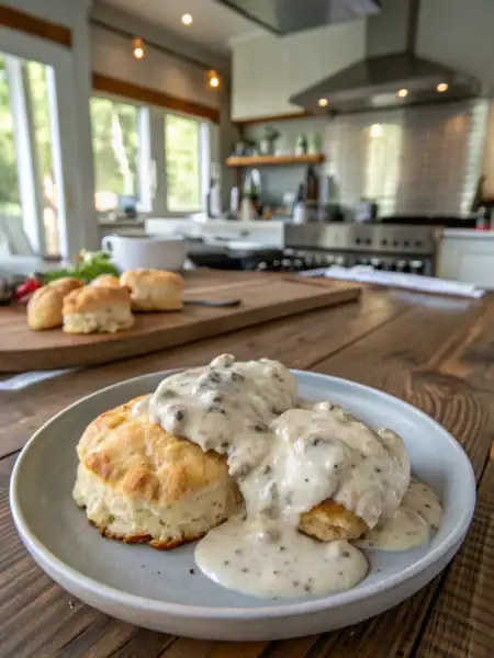 Biscuits & gravy recipe - fluffy biscuit topped with creamy sausage gravy, 45-degree angle shot on rustic table with natural light.