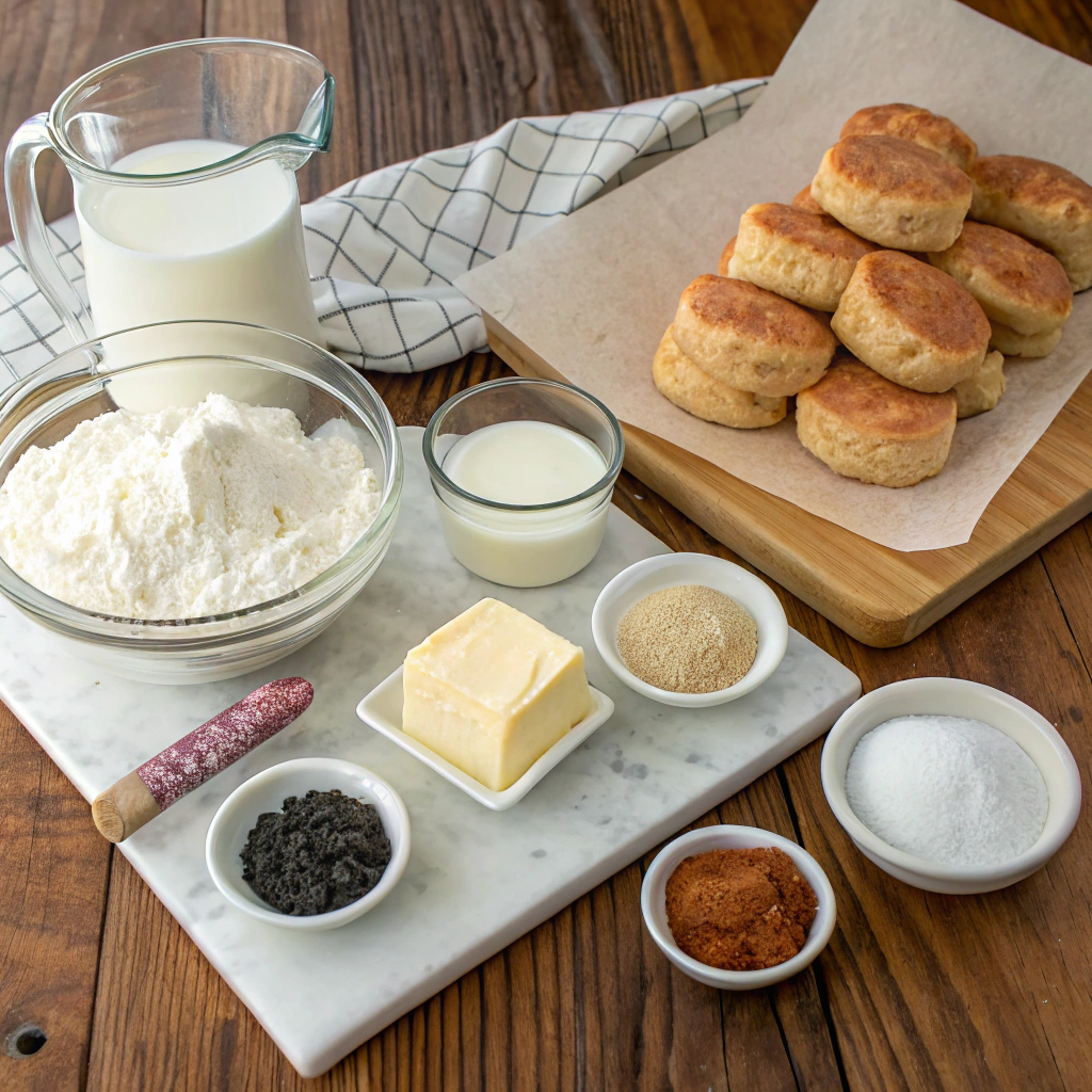 Biscuits gravy recipe ingredients: flour, butter, buttermilk, sausage, milk, spices artfully arranged on rustic table for photography.