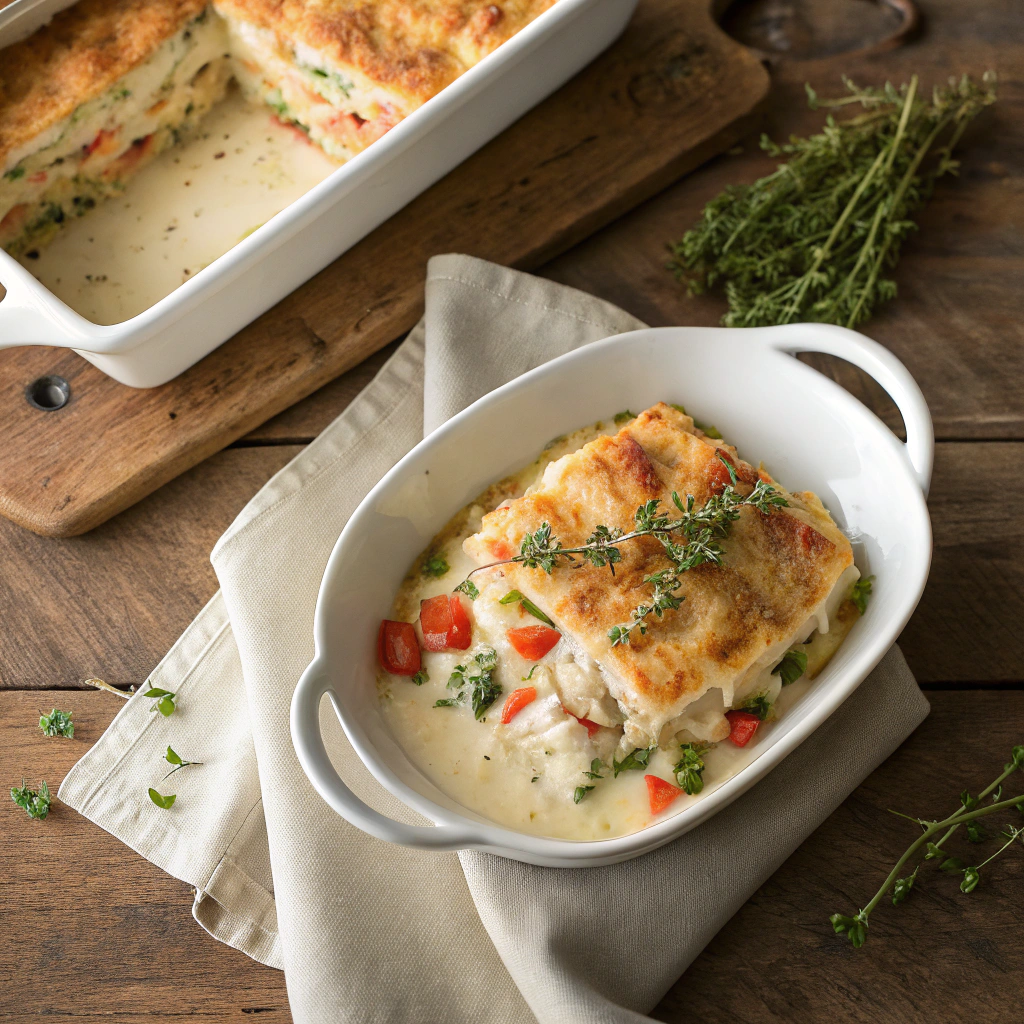 Overhead shot of creamy chicken casserole, showing layers of vegetables, sauce, and crispy topping on white dish, garnished with thyme.