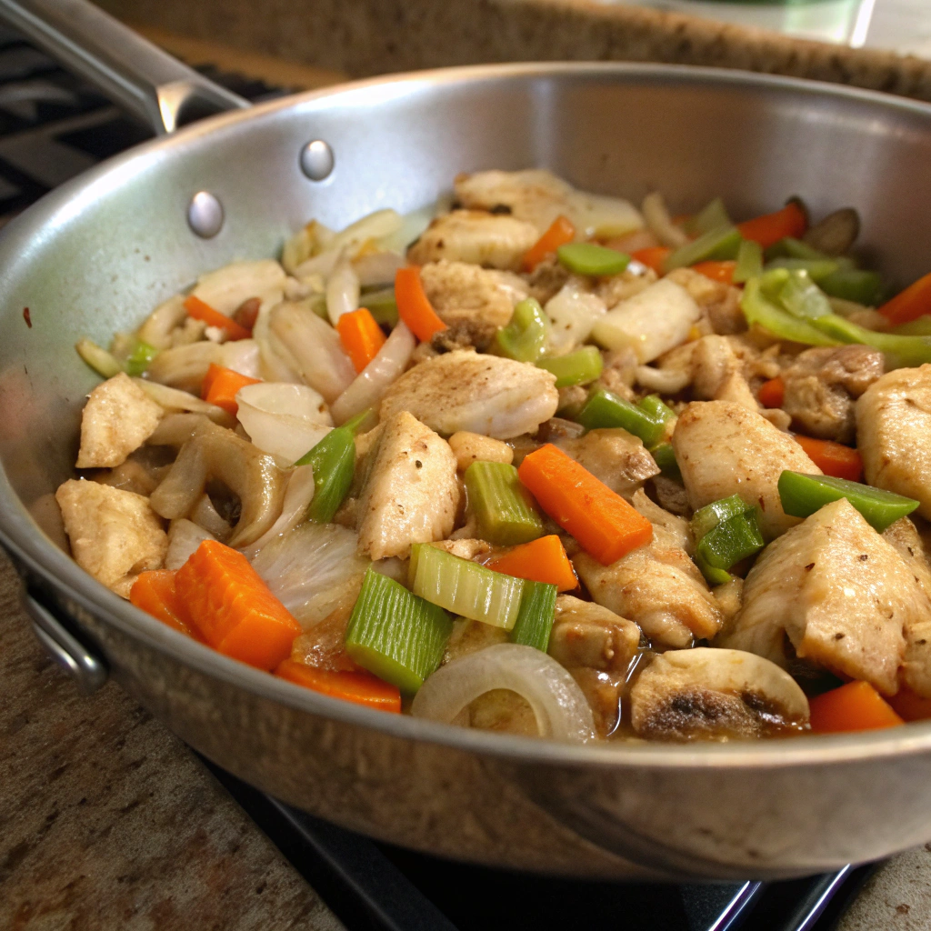 Chicken Casserole close-up with sautéed veggies in skillet - carrots, celery, onions, mushrooms. Glossy finish, natural lighting on textures.