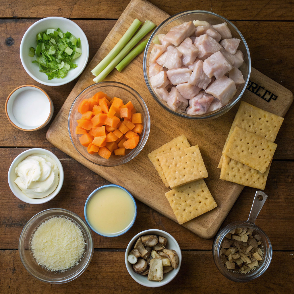 Chicken Casserole ingredients artfully arranged: chicken, vegetables, dairy, seasonings, creating an appetizing mise en place composition.