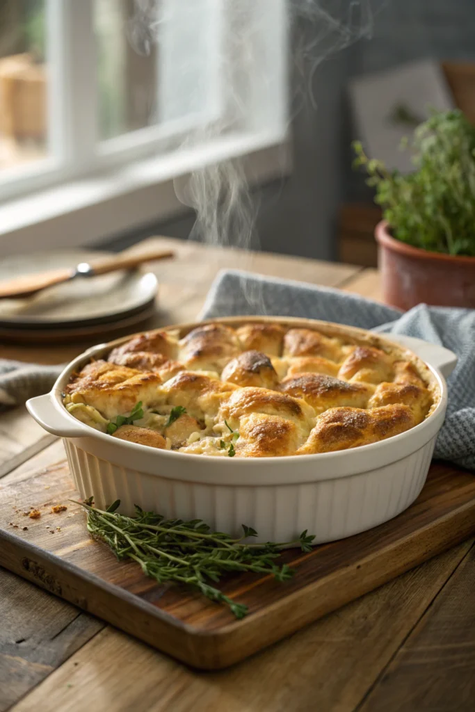 Chicken pot pie casserole with flaky golden crust, featuring tender chicken and veggies. Rustic baking dish, warm lighting, garnished thyme.