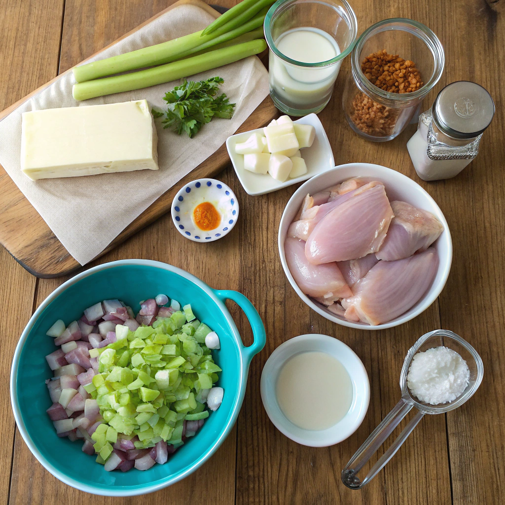 Chicken pot pie casserole ingredients arranged: raw chicken, veggies, butter, flour, broth, spices. Flat lay composition on rustic wooden table.