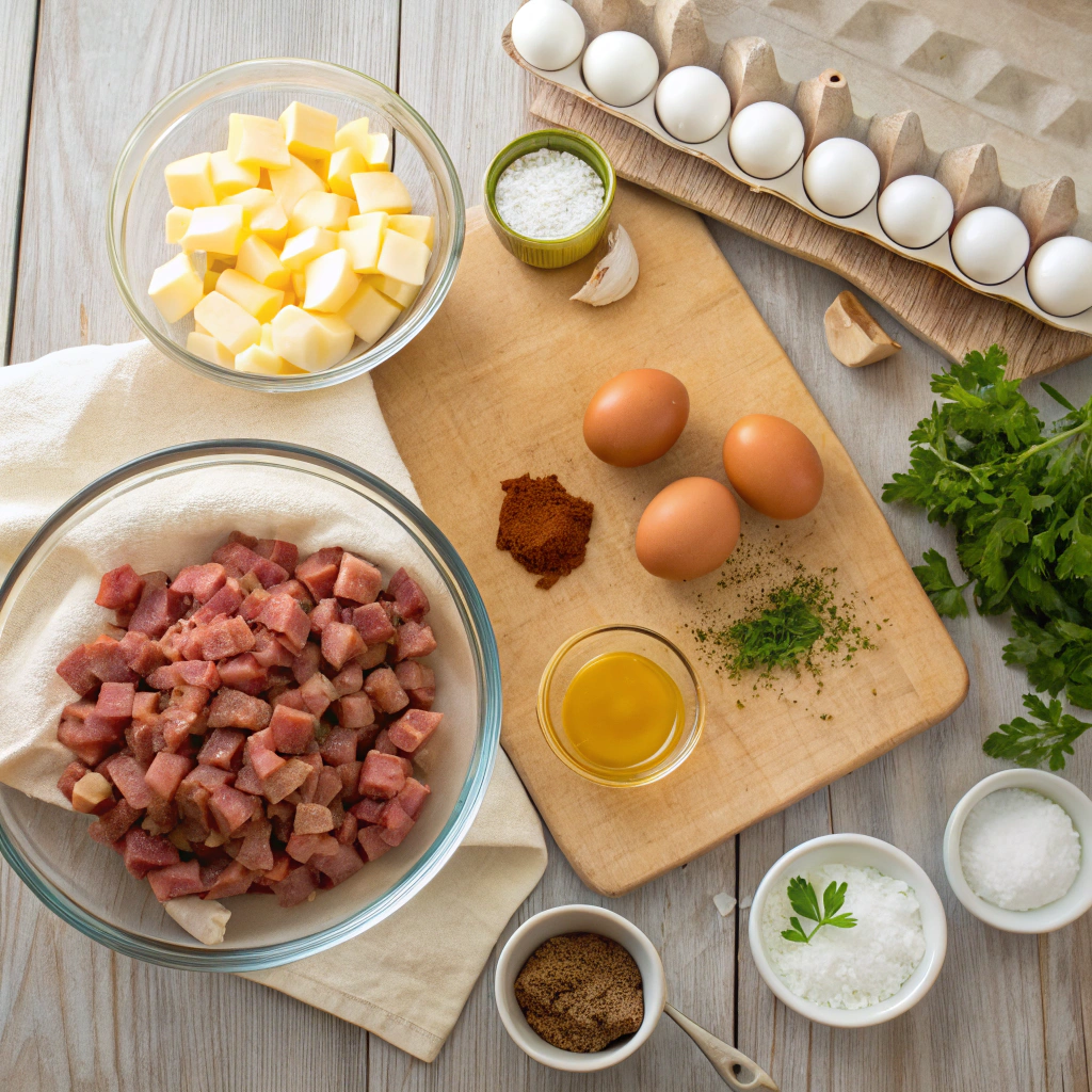 Corned beef hash ingredients flat lay with potatoes, corned beef, onion, eggs, butter, oil, spices, parsley on rustic table. Appetizing composition.