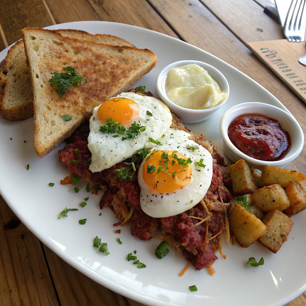 Corned beef hash and eggs plated: overhead view of crusty golden hash topped with fried eggs, parsley, toast, and hot sauce on rustic wooden table.