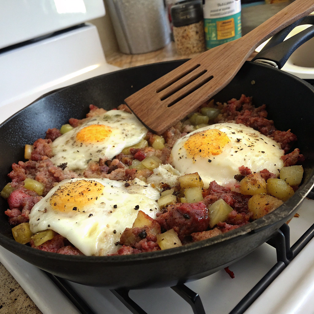 Corned beef hash and eggs - Close-up of golden crust forming on potato layer, onions, corned beef, in cast-iron skillet with spatula.