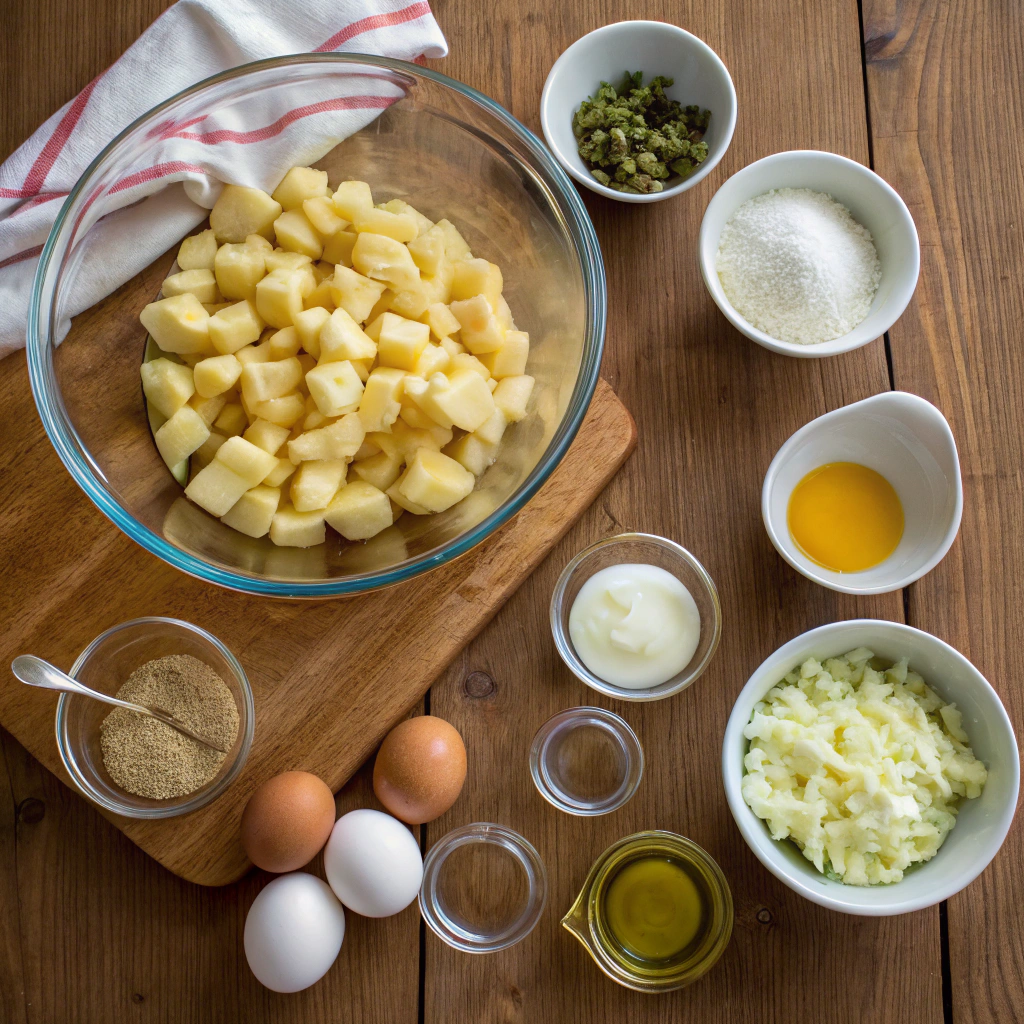 Egg and potato casserole ingredients: eggs, potatoes, cheeses, onions, herbs, milk, olive oil artfully arranged on rustic table shot from above.