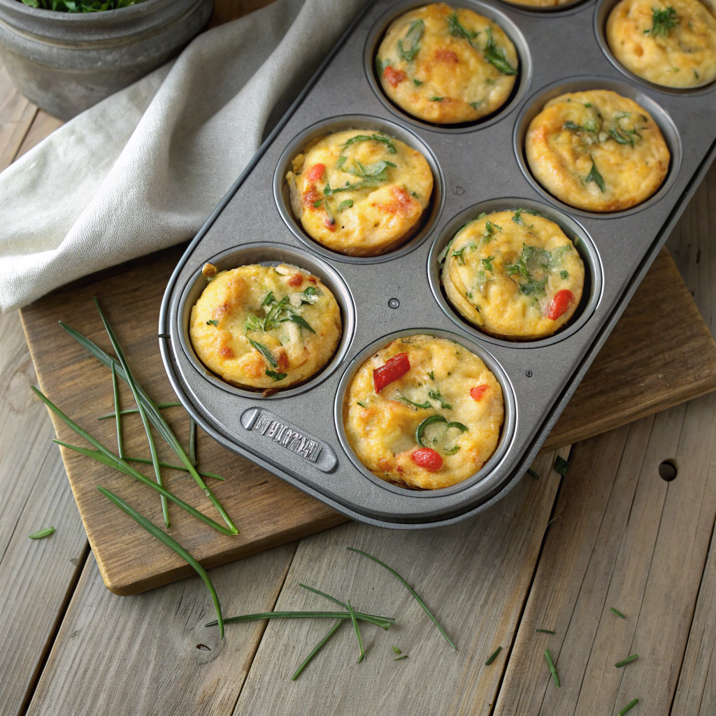 Egg frittata muffins recipe, overhead shot of golden brown baked egg cups with vegetables, cheese in rustic metal tin.