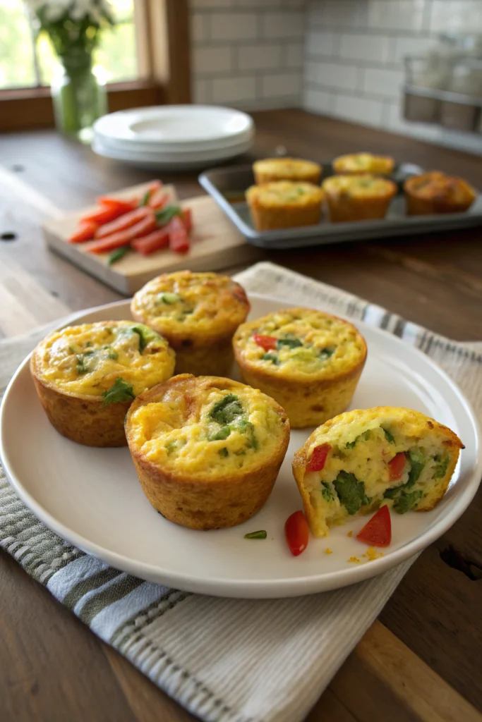 Egg frittata muffins recipe: golden-brown muffins with veggie filling on white plate, natural light, rustic table, inviting scene.