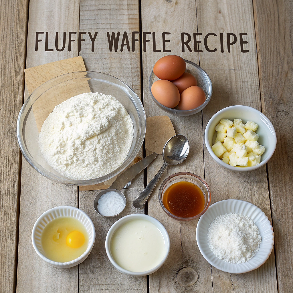 Fluffy waffle recipe ingredients arranged neatly on wooden table: flour, eggs, butter, vanilla, creating appetizing food flatlay composition.