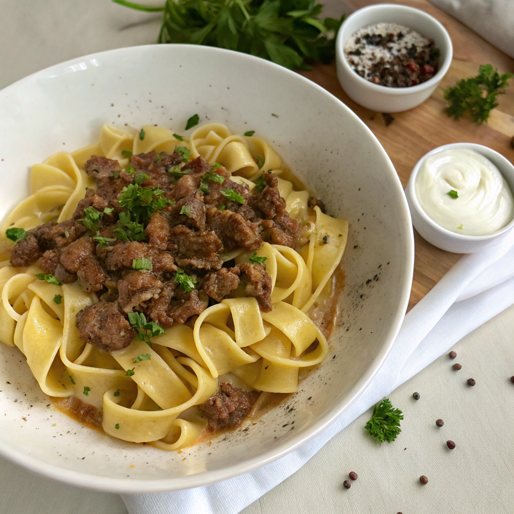 Ground beef stroganoff overhead shot, egg noodles spiral with beef mixture cascading, garnished with parsley, pepper and sour cream ramekin.