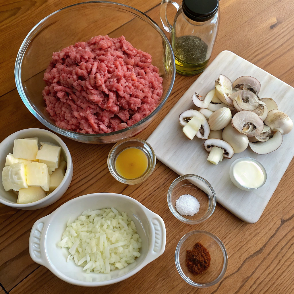 Ground beef stroganoff ingredients flat lay: beef, mushrooms, onions, garlic, butter, flour, beef broth, sour cream, thyme, noodles, parsley on rustic table.