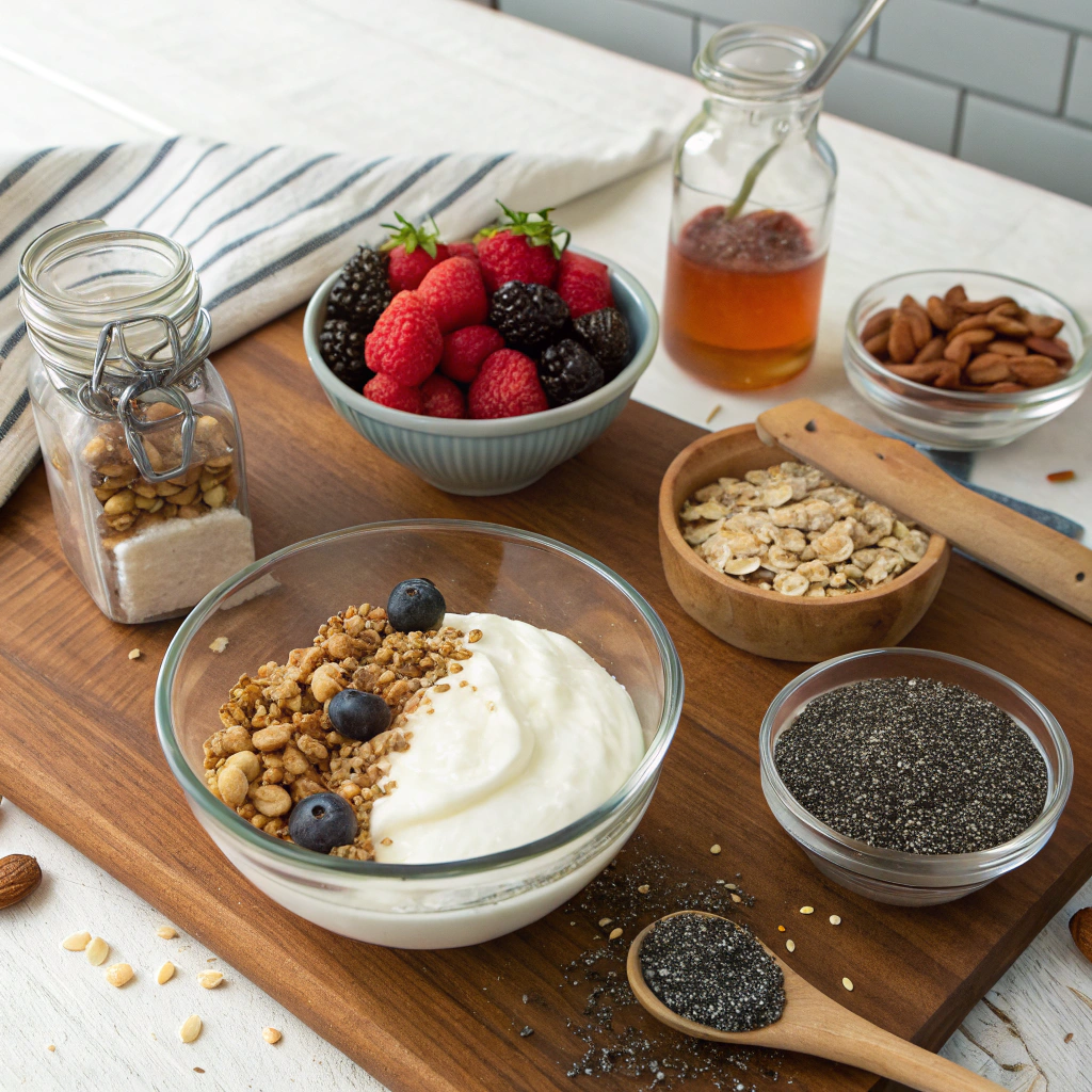 Honey Greek Yogurt overhead flatlay showing all ingredients: fresh berries, Greek yogurt, honey, nuts, seeds, vanilla in rustic kitchen setting.