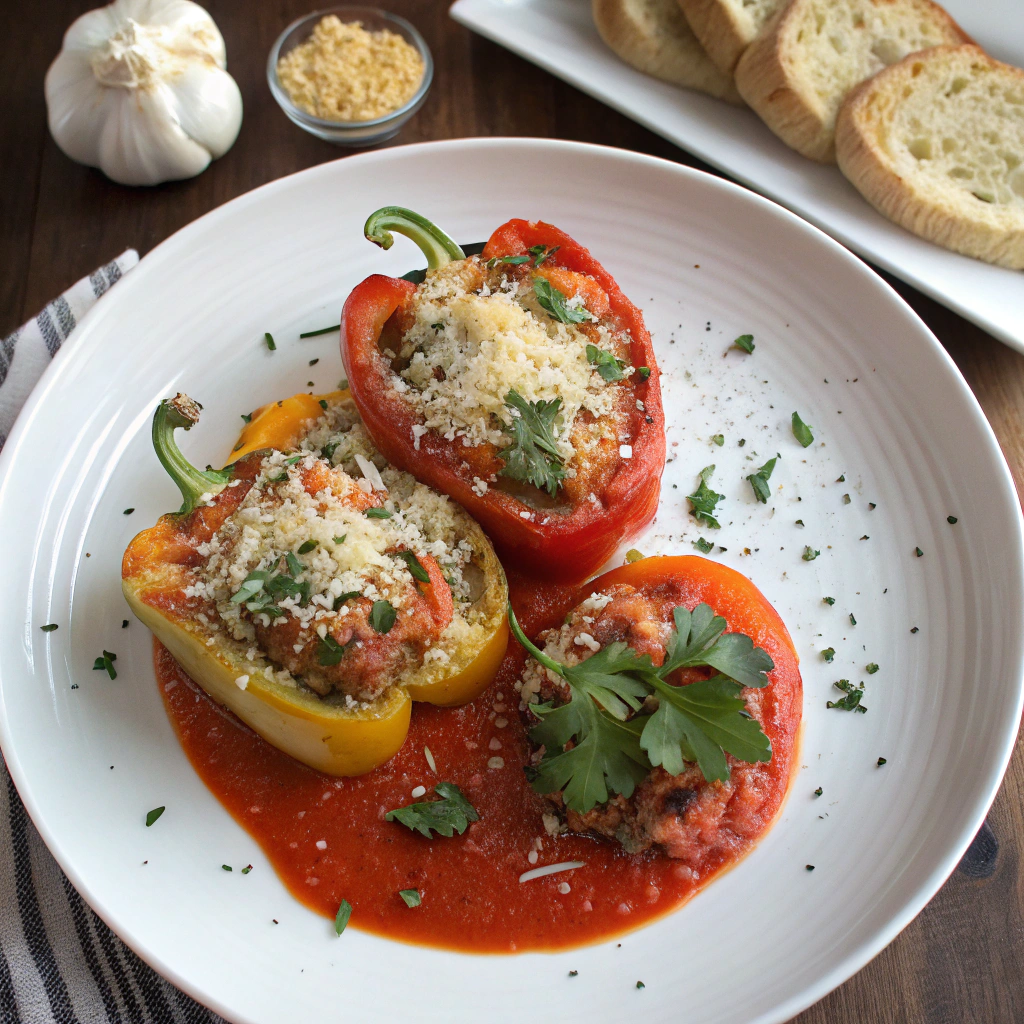 Overhead shot of stuffed bell peppers dish: stuffed pepper halves in tomato sauce on plate with parsley, Parmesan, and garlic bread.