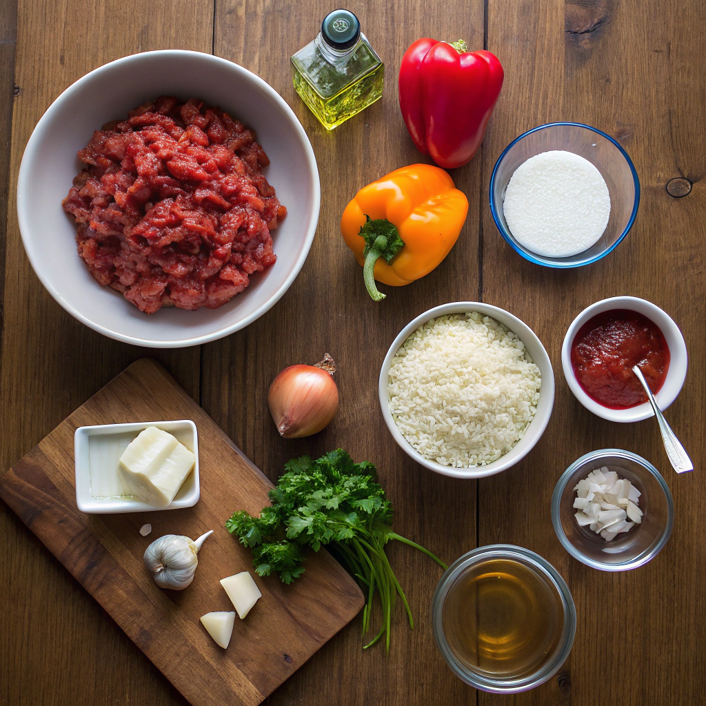 Flat lay photo of stuffed bell pepper ingredients: whole peppers, beef, rice, cheese, veggies & spices artfully arranged on rustic wooden table.