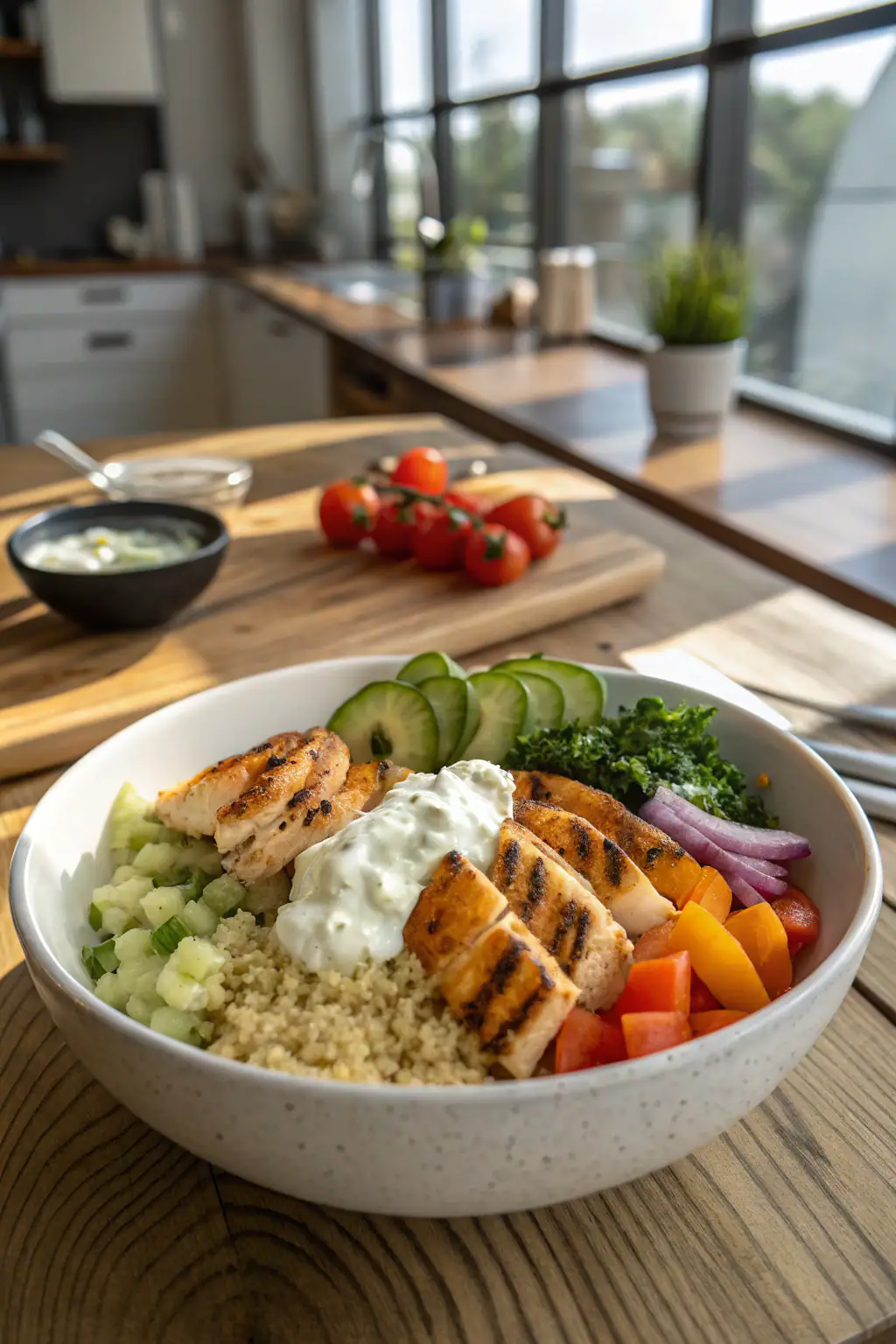 Protein bowl recipe: vibrant vegetable medley, golden chicken, tzatziki over quinoa in sectioned bowl, 45-degree angle.