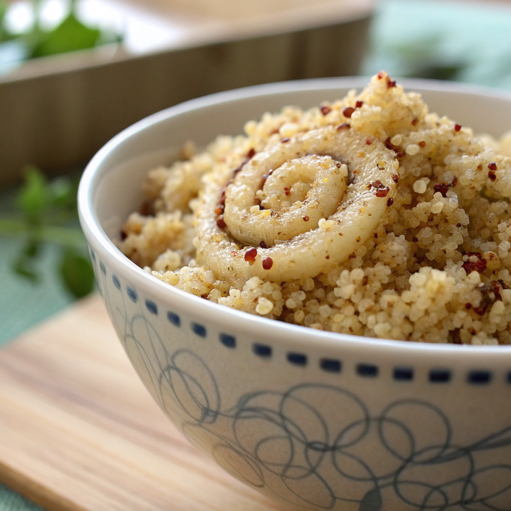 Protein bowl recipes: Close-up of perfectly cooked quinoa topped with vibrant veggies in an appetizing spiral composition.