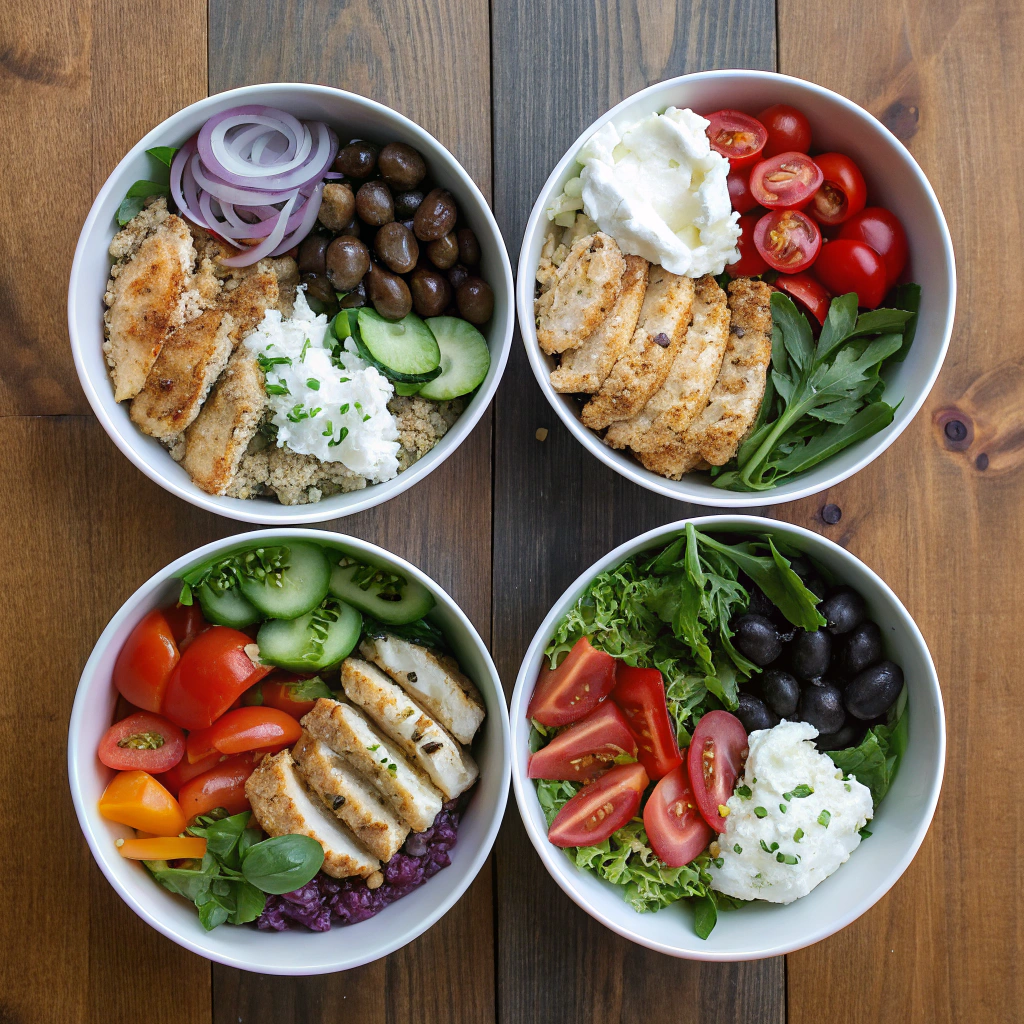 Overhead shot of 4 assembled protein bowl recipes with quinoa, chicken, veggies, feta & tzatziki sauce in grid pattern on wooden table.