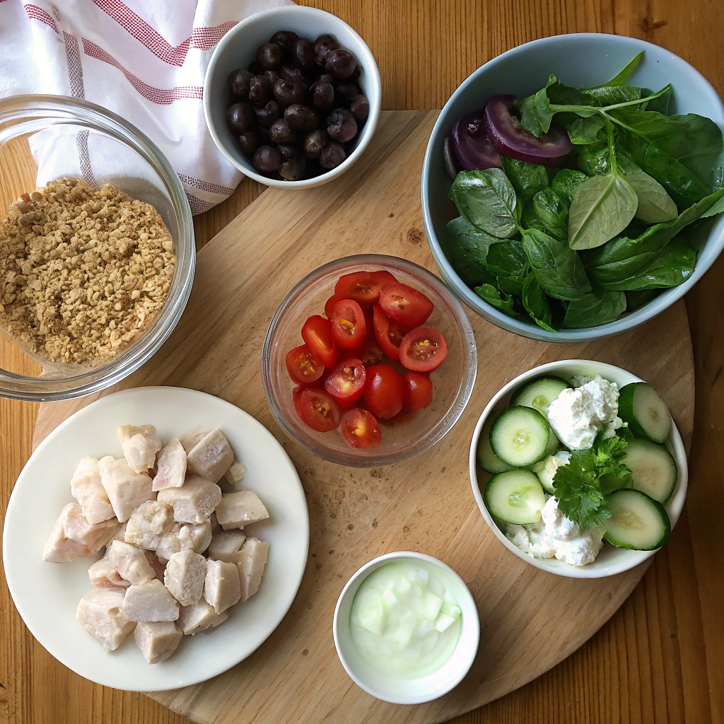 Protein bowl recipes ingredients artfully arranged: chicken, quinoa, veggies, feta, yogurt, spices. Rustic flat lay captures colorful, fresh components.