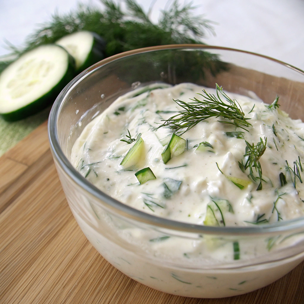 Protein bowl recipes tzatziki sauce prep: Greek yogurt, cucumbers, garlic, dill. Creamy texture macro shot in glass bowl.