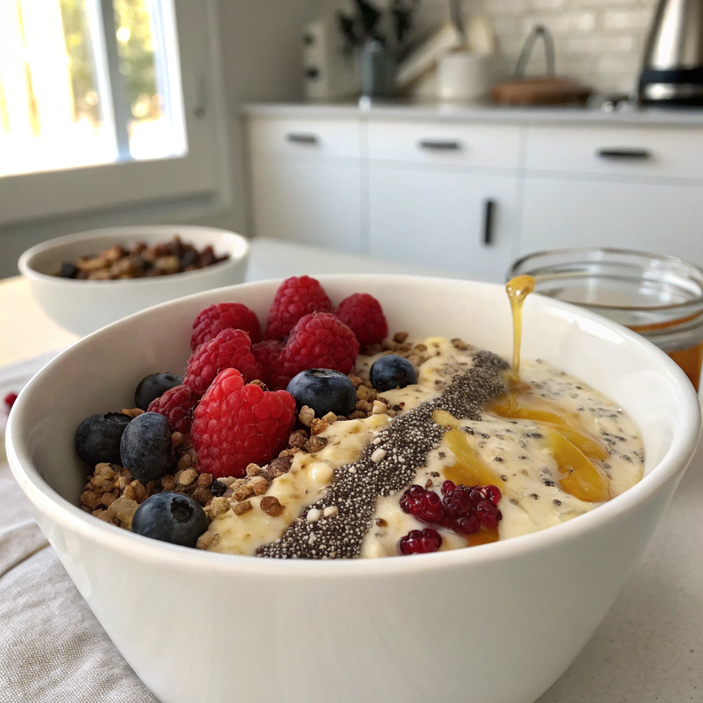 Layered quinoa breakfast bowl with creamy almond milk base, chia seeds, fresh berries, drizzled honey in ceramic bowl showing recipe process.