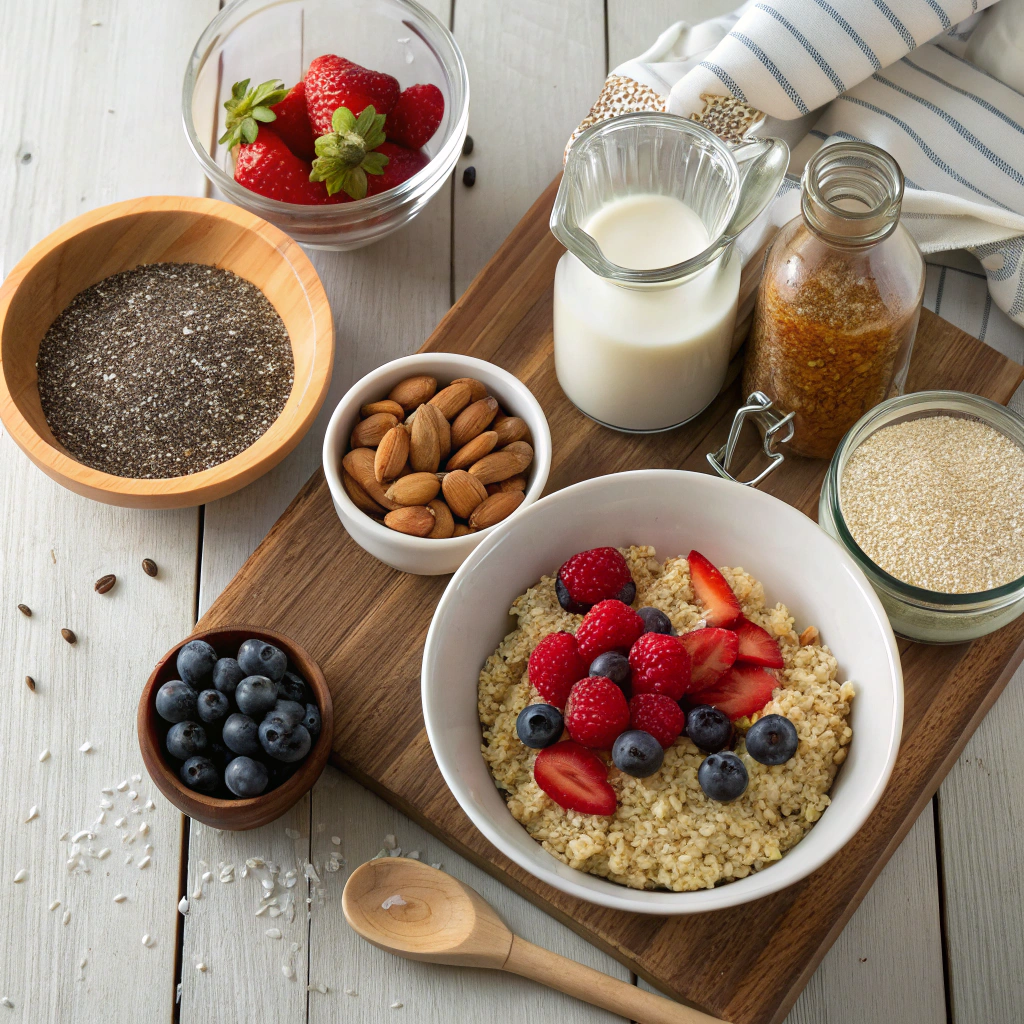 Quinoa breakfast recipes ingredients arranged in modern flat lay: quinoa, mixed berries, almonds, honey, chia seeds, vanilla, milk, salt.