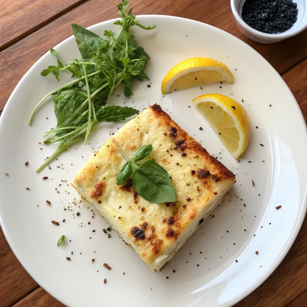 Creamy ricotta bake with golden-brown top, basil, and pepper on white plate with arugula salad. Overhead photo capturing texture.