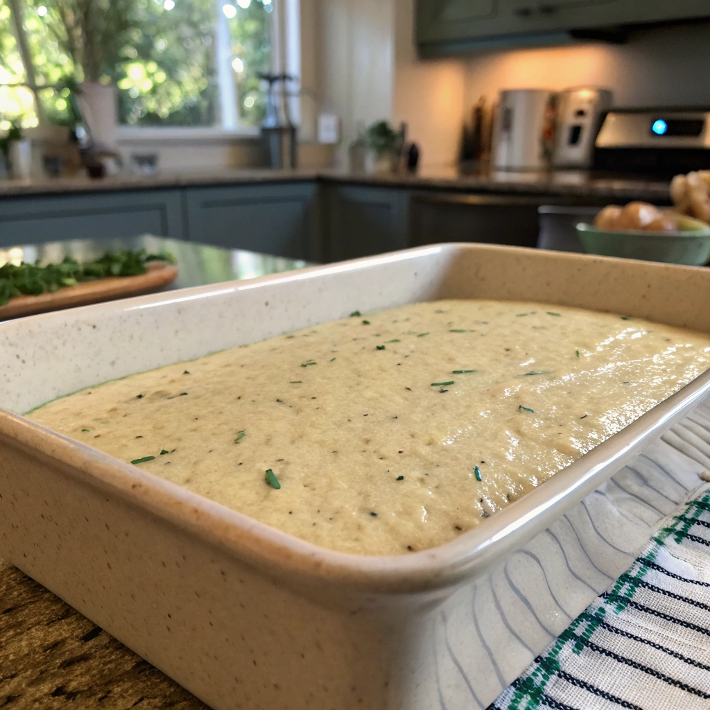 Unbaked ricotta bake mixture with herbs in oiled dish, smooth texture captured in macro photo by amateur chef.