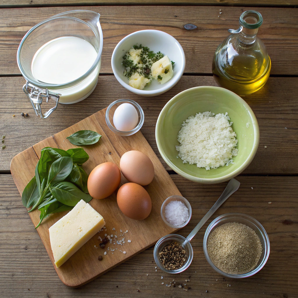 Ricotta bake ingredients: ricotta, eggs, Parmesan, garlic, basil, olive oil, spices on rustic table. Vibrant flat lay shot of prepped recipe.