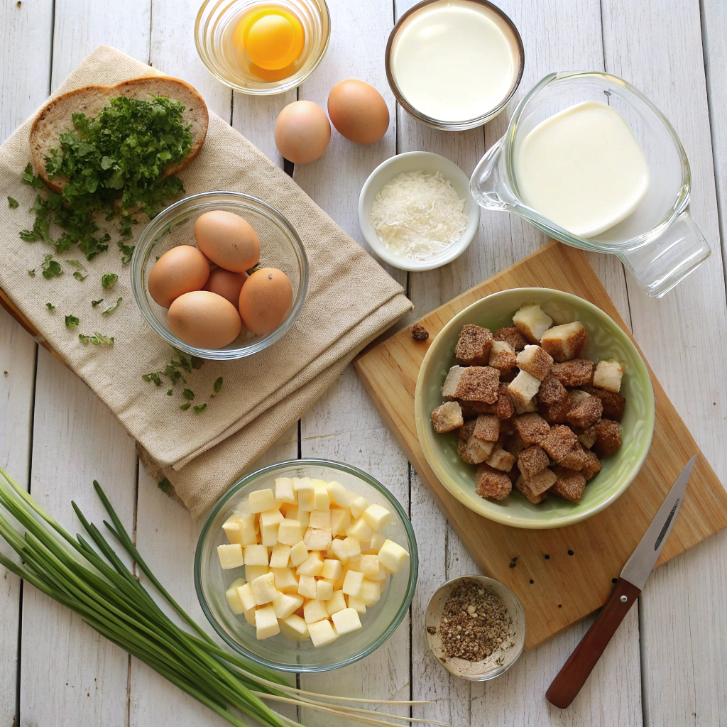 Sausage cheese eggs breakfast casserole ingredients: bread, sausage, cheeses, eggs, milk, spices on rustic table. Perfect flat lay composition.