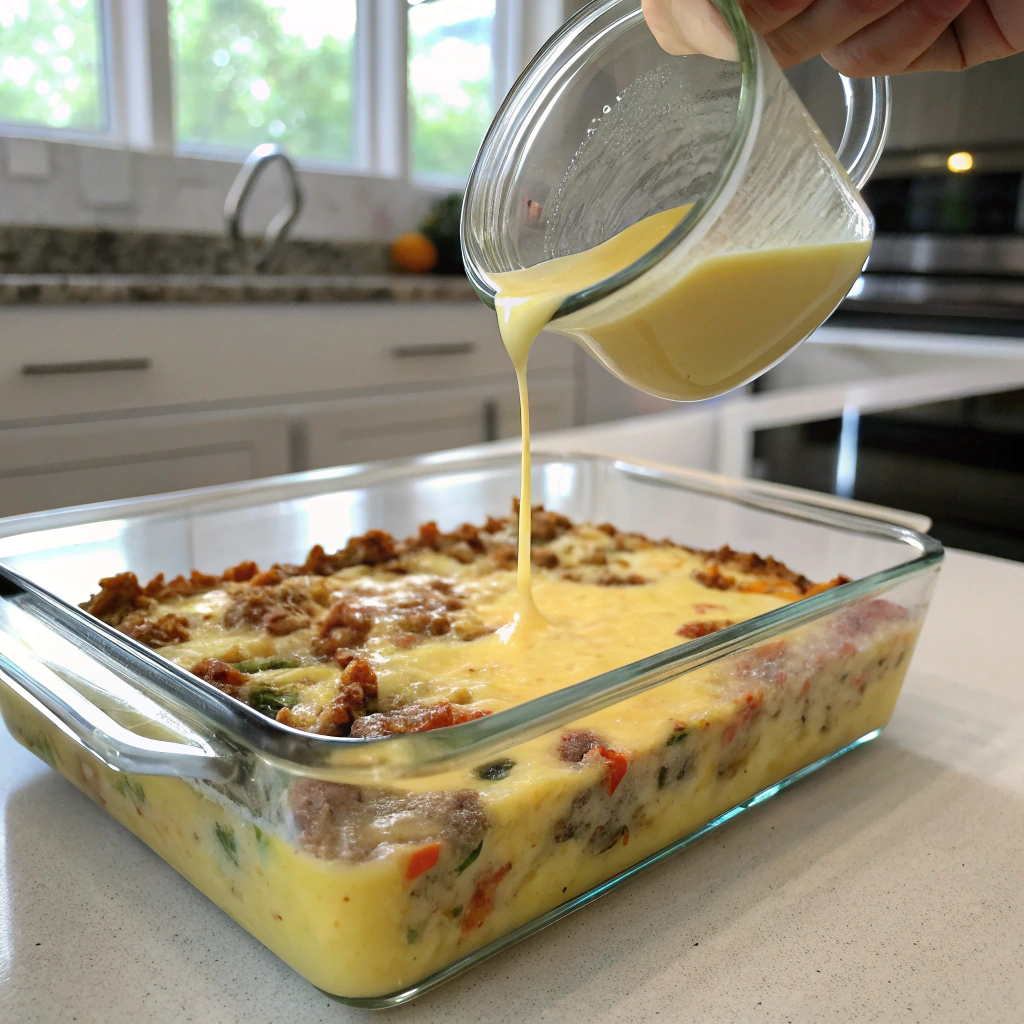 Sausage cheese eggs breakfast casserole recipe, pouring egg mixture into baking dish, showcasing layers of ingredients in modern kitchen.