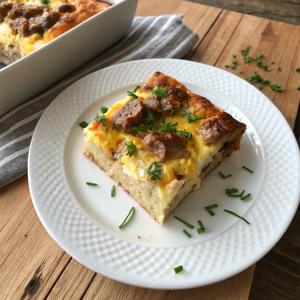 Overhead shot of sausage cheese eggs breakfast casserole recipe plated, showing layered bread, sausage, eggs, melted cheese and chives on rustic wooden table.