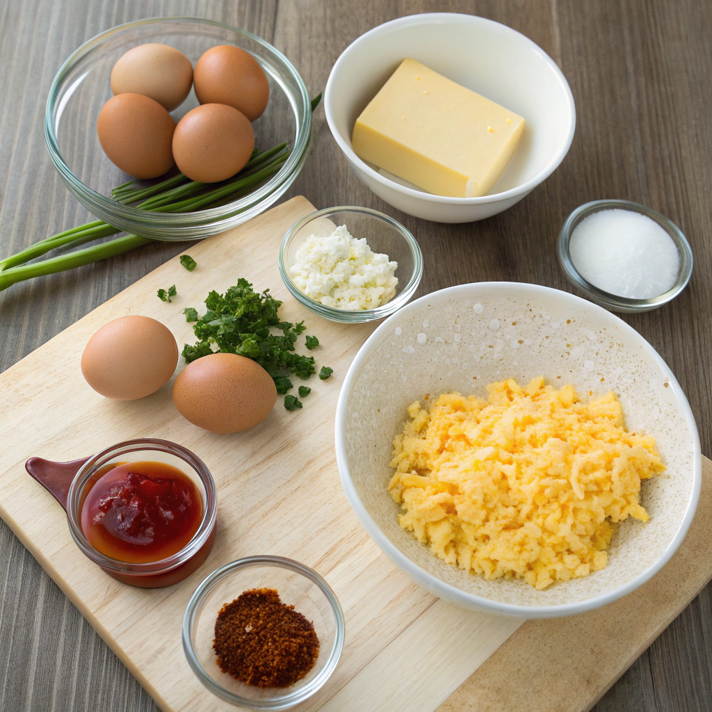 Scrambled eggs with cheese recipe ingredients: eggs, butter, cheddar, spices, chives & hot sauce. Clean flat lay of bowls on wooden table.