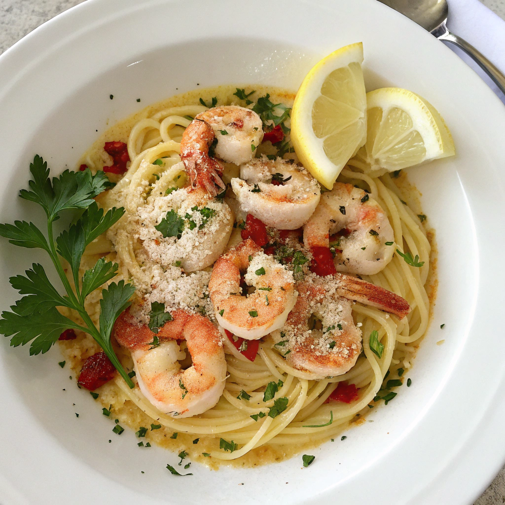 Overhead shot of shrimp scampi linguine, with shrimp arranged in a circle, garnished with parsley, red pepper flakes, lemon, and Parmesan cheese.