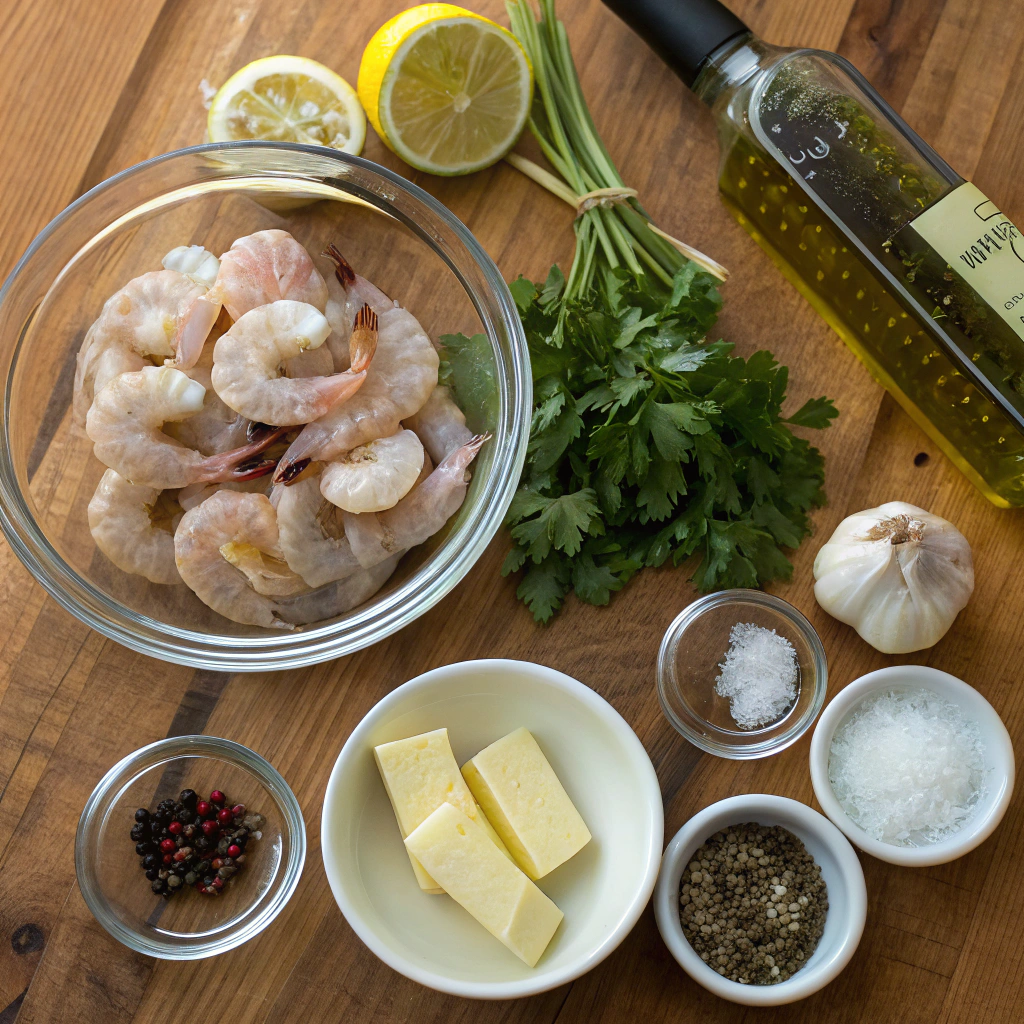 Shrimp scampi ingredients artfully arranged: shrimp, garlic, butter, wine, herbs, lemon, spices, pasta, cheese. Rustic wooden composition.