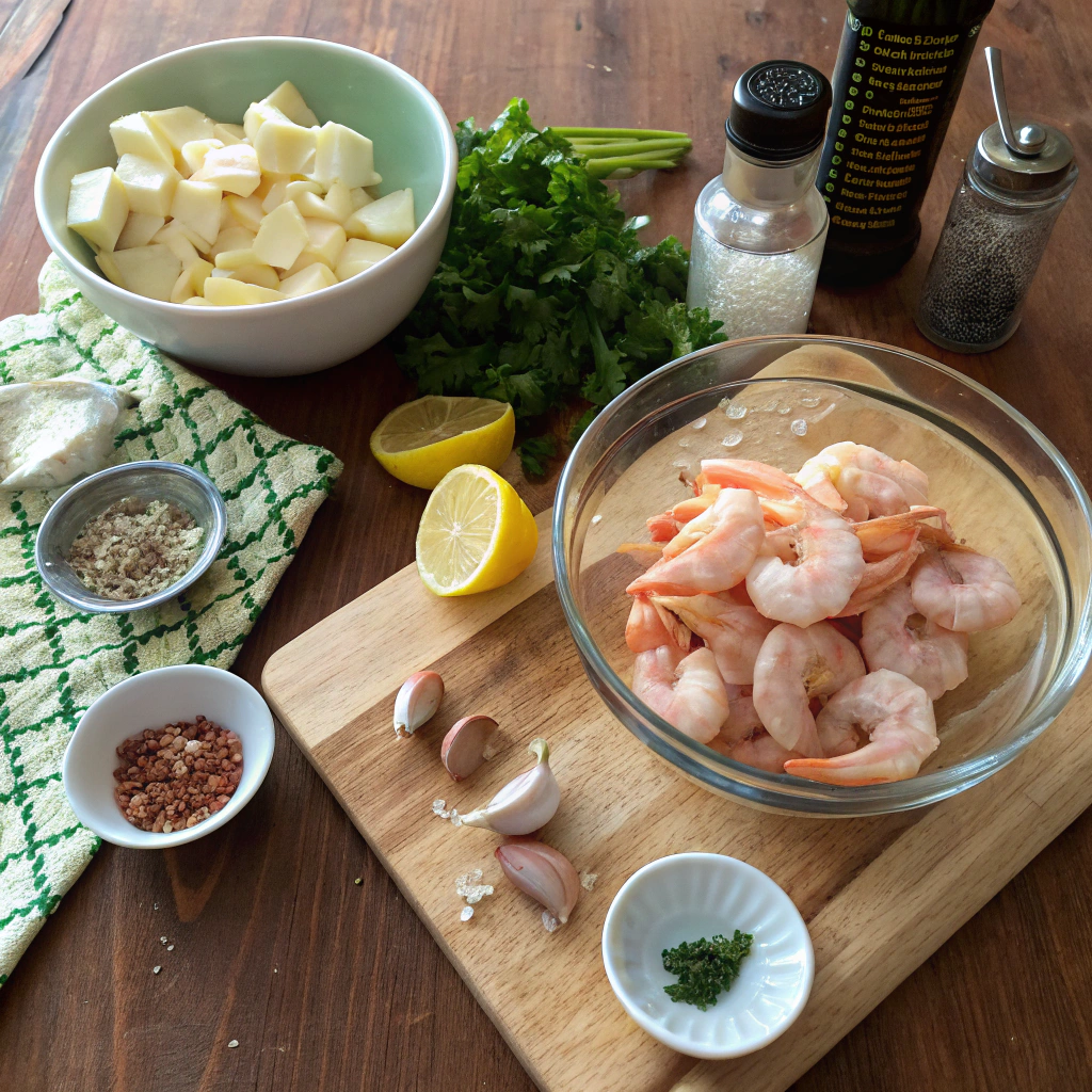 Shrimp scampi ingredients artfully arranged: raw shrimp, herbs, garlic, butter, lemon, pasta in rustic kitchen flat lay photo.