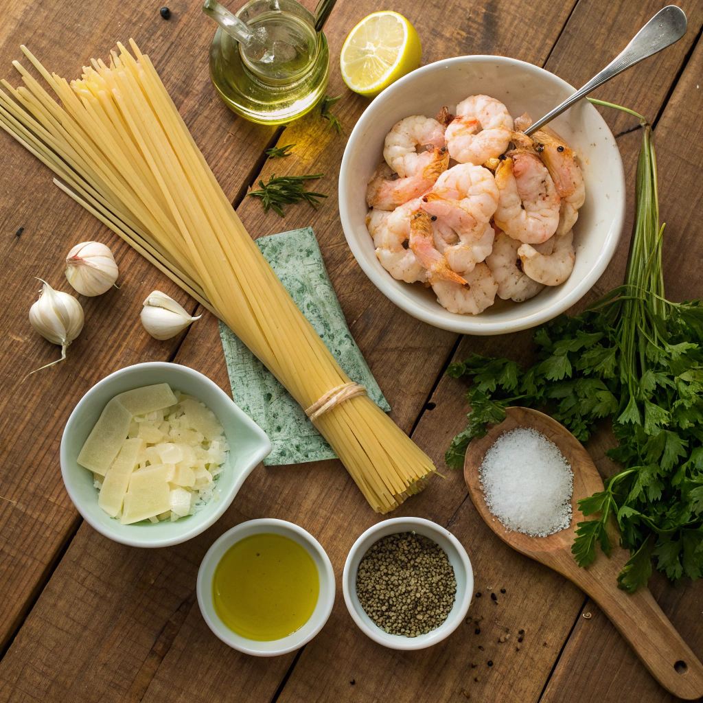 Top-down view of shrimp pasta ingredients arranged on a rustic wooden table in a sunlit modern kitchen.