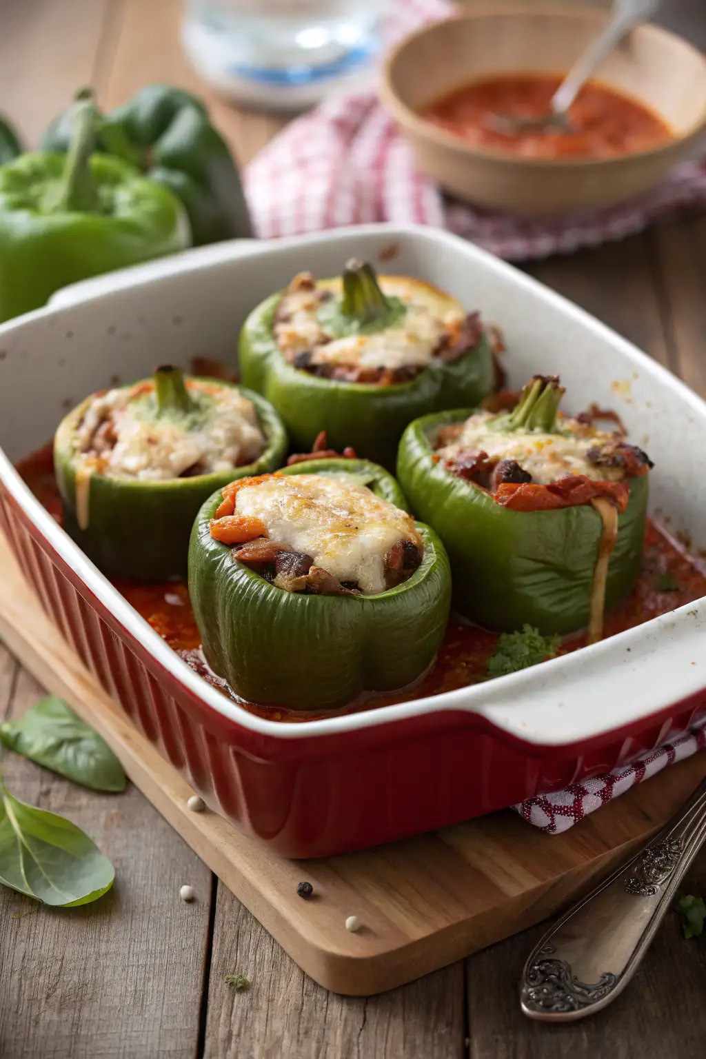 Stuffed green peppers, melted cheese, red ceramic dish, rustic table, inviting kitchen shot.