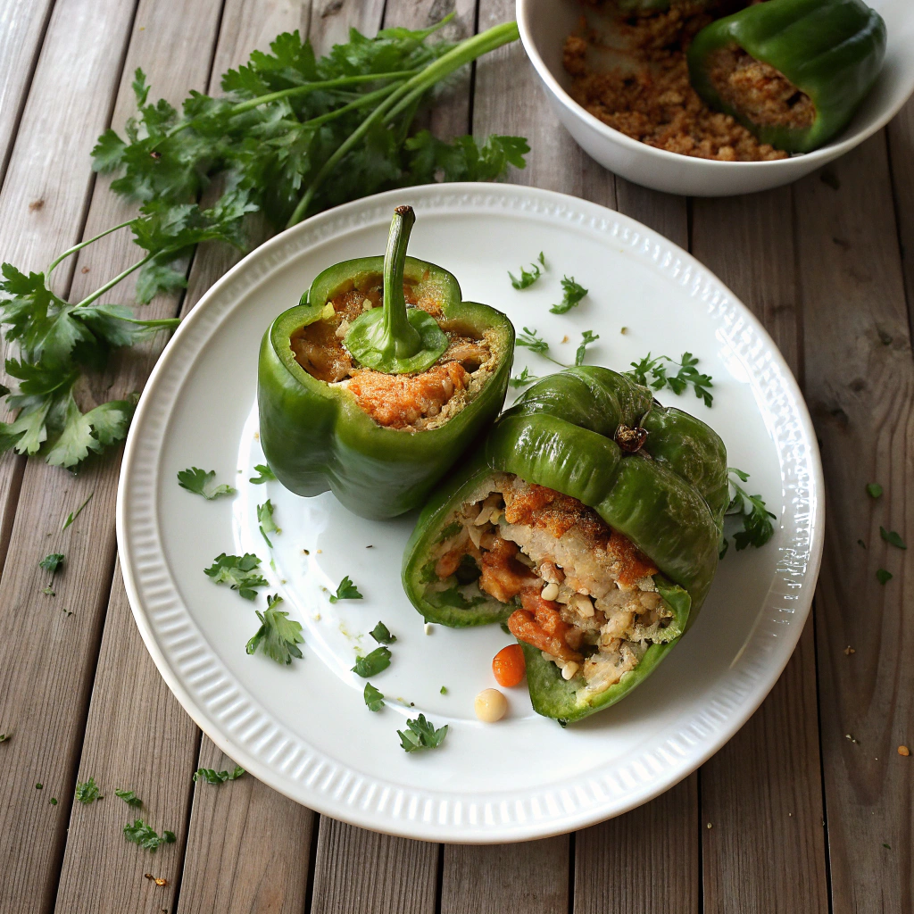 Stuffed green peppers with melty cheese, rice, and beef filling beautifully plated overhead shot showcasing layers and textures of this classic dish.