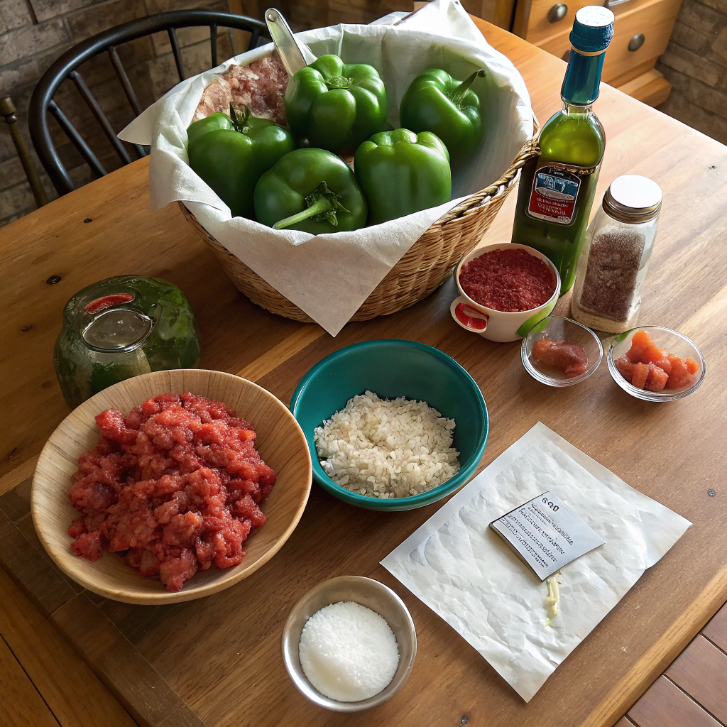 Stuffed green peppers ingredients photo: green peppers, ground beef, rice, onions, garlic, tomatoes, spices, cheese, broth in kitchen setup