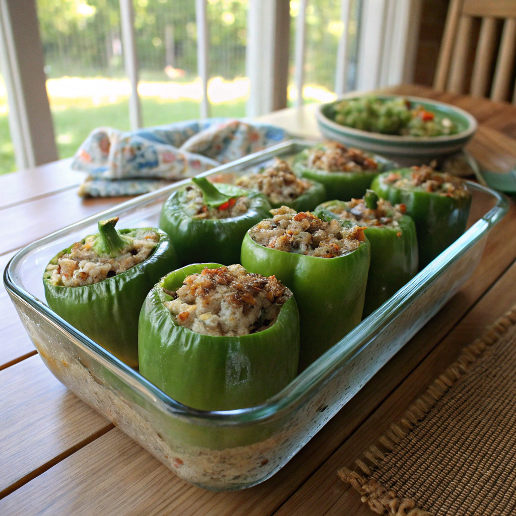 Stuffed green pepper recipe prep: blanched bell peppers in baking dish for filling with rice, meat, vegetables on rustic wooden table.