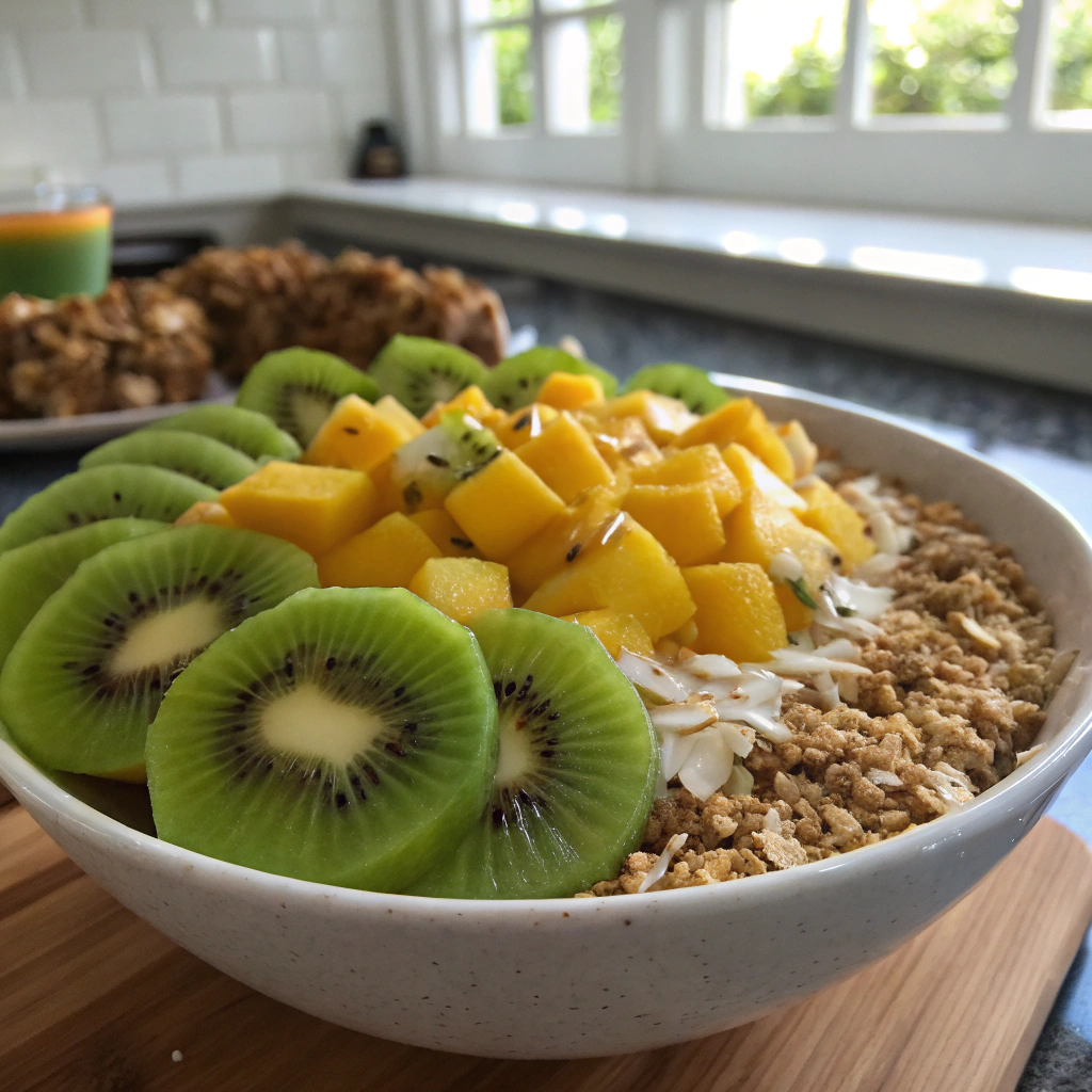 Tropical smoothie bowl prep: centered kiwi slices, mango chunks, pineapple, granola sprinkling. Vibrant arrangement in progress.