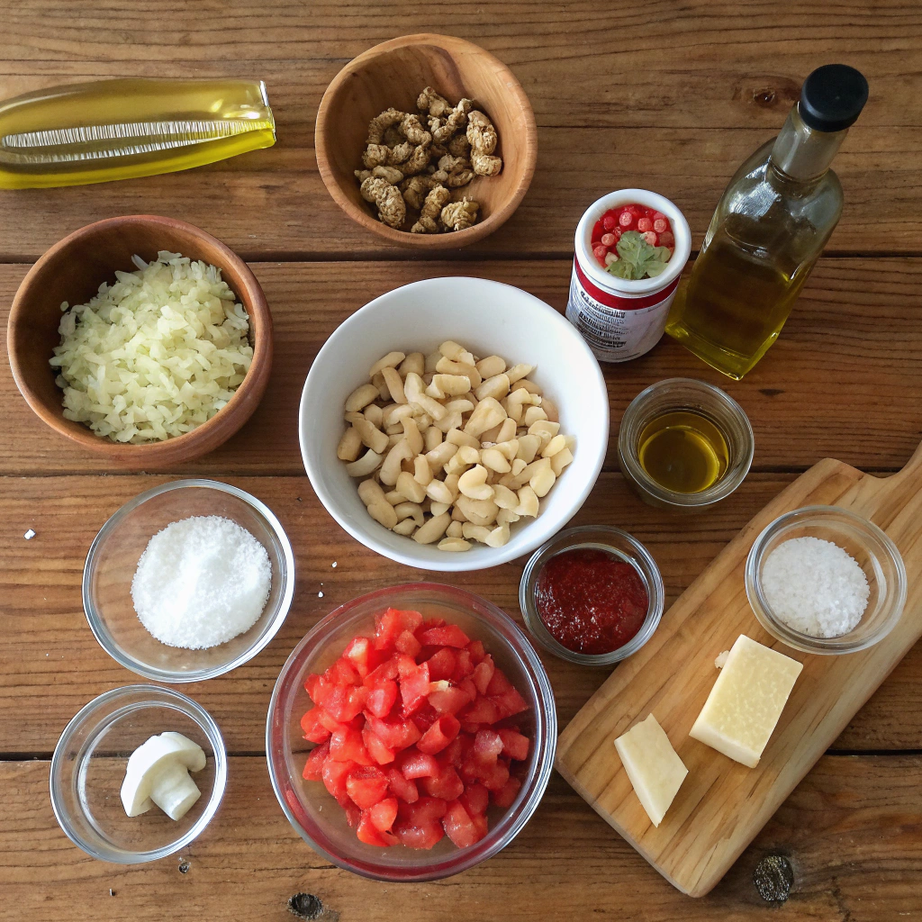 Vegan baked ziti ingredients beautifully arranged: cashews, nutritional yeast, miso, tomatoes, ziti, onions, garlic, herbs, tofu, mushrooms. Clean rustic flatlay composition.