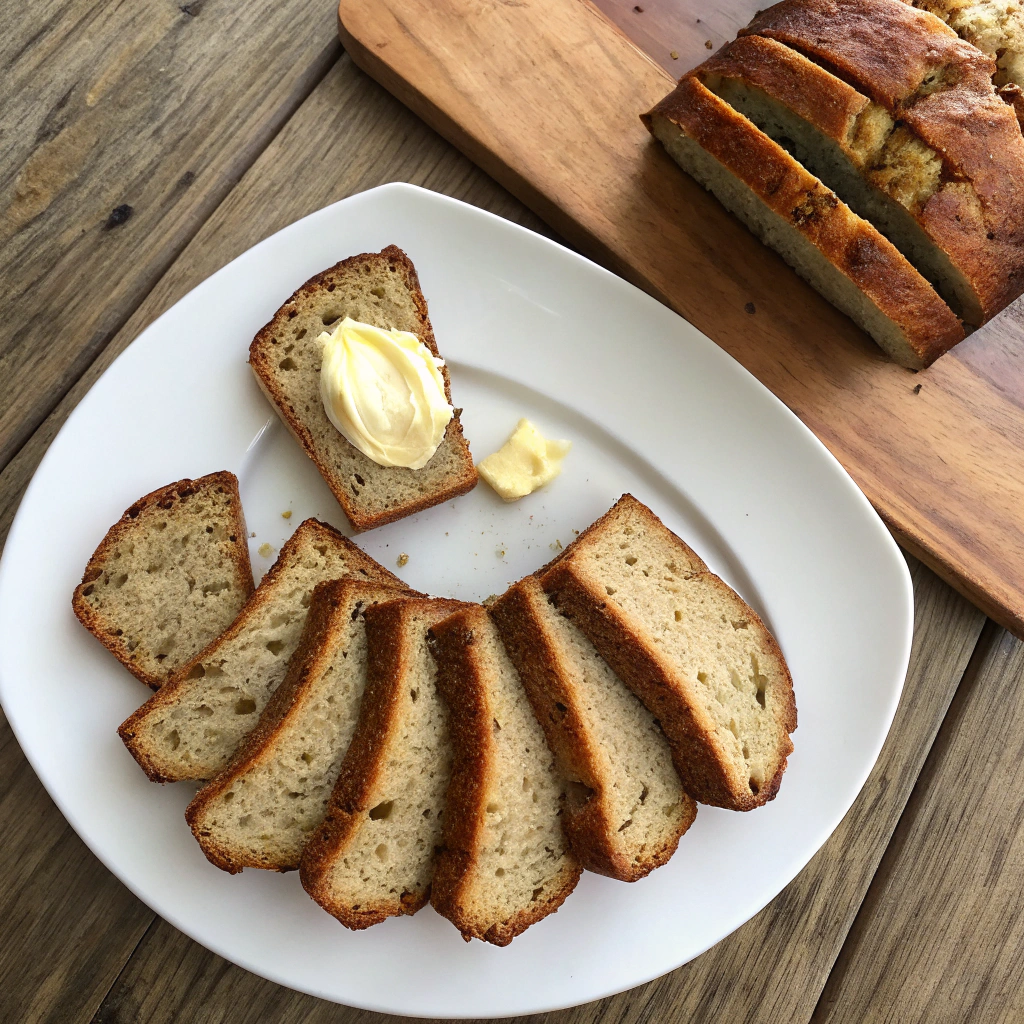 4 Ingredient Banana Bread' sliced, showcasing moist interior, golden crust, melting butter on rustic wooden table. Mouthwatering overhead shot.