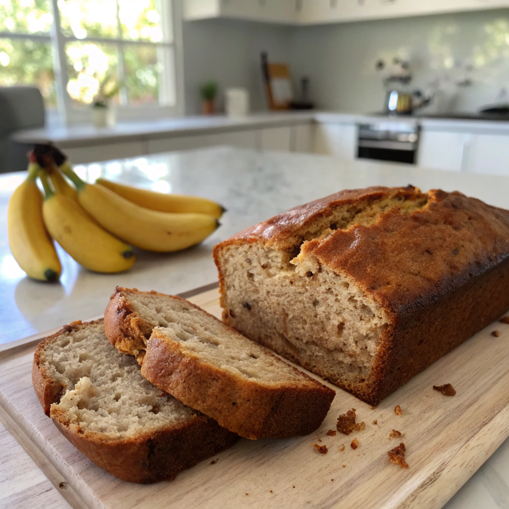 4 ingredient banana bread loaf closeup showcasing moist crumb texture, golden crust, with banana, egg, flour, and butter ingredients in bright kitchen setting.